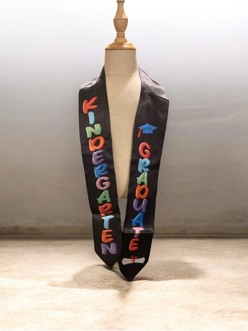 Black Kindergarten Graduate Stole with Colorful Letters